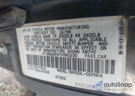 2000 Toyota Camry Le from USA, damaged, VIN 4T1BG22K6YU960230
